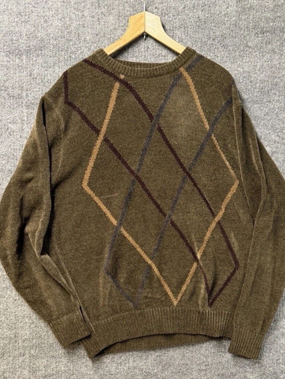Dockers Mens Brown Patterned Chenille Knit Crewneck Sweater Large Grandpa Core
